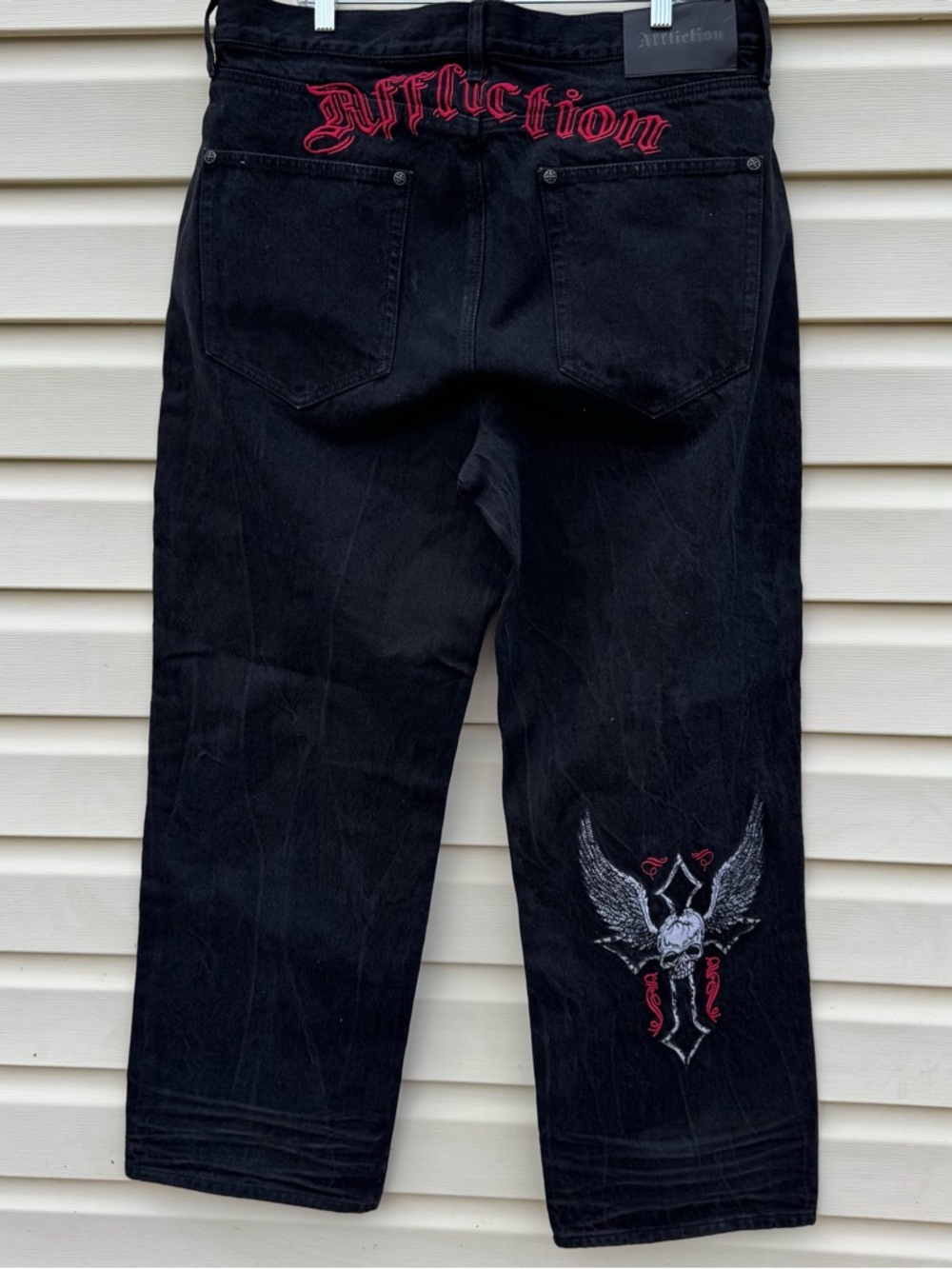 Affliction Black Jeans Red Skull Embroidery Y2K Biker 38X32 Men - Picture 3 of 16